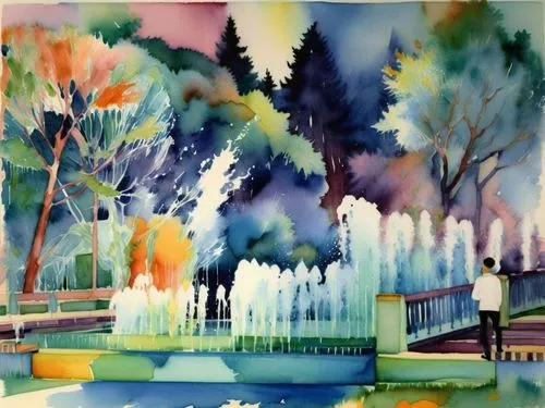 Акварель, весенняя листва, белые струи фонтанов,a painting shows a man standing near the water fountains,watercolor background,watercolor painting,watercolor,watercolor tree,watercolors,water color