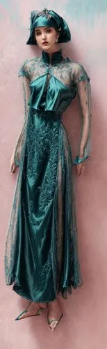 dark teal gown with pink embroidery and cropped capelet,woman frog,girl in a long dress,cloth doll,on a transparent background,geisha,fractalius,transparent image,sarong,rosa 'the fairy,3d figure,cgi,