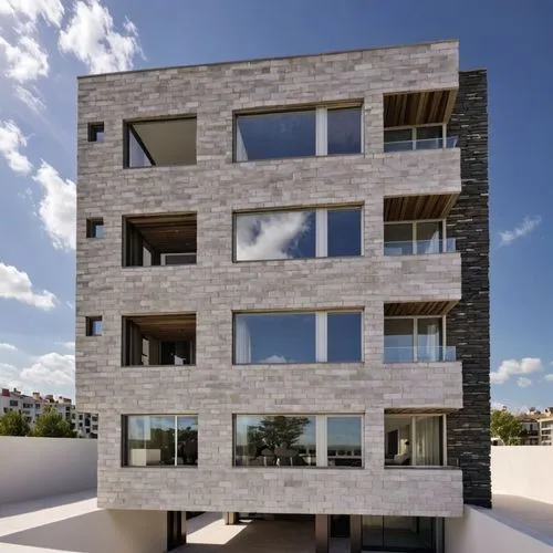 Transform this simple massing model into a realistic contemporary 4-story residential building facade.

Preserve the exact building geometry, proportions, balconies, window positions, openings, floor 