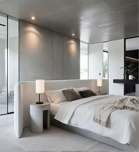 An ethereal photograph, A detailed, serene oil painting: In a contemporary, minimalist house,a very spacious white bedroom with a big bed,modern room,contemporary decor,interior modern design,modern d