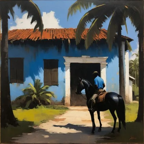 Loose, smudge, dark, abstract painting of a  farm with Portuguese king’s colonial house with blue wooden doors and windows, with large coconut trees around, and a black man in a horse ,nicarico,hacien