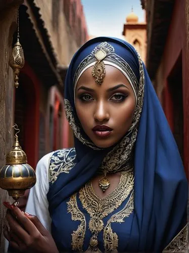 muslim spider woman, hijab, black eyes, thick eyelashes, dark skin, intricate henna tattoos on hands, blue and silver traditional clothing, golden thread embroidery, flowing white skirt, red gemstone 