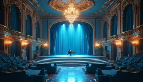 Powder blue music venue, luxurious interior, high ceiling, grand chandelier, velvet drapes, golden accents, marble floor, powder blue walls, soft cushioned seats, ornate metal railings, grand piano ce