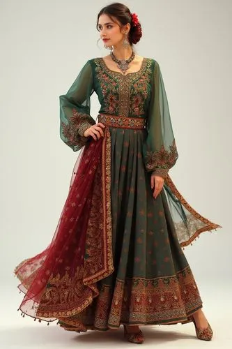 Create a fashion design prompt featuring a woman in an ankle-length traditional skirt with a long blouse: "Design an outfit for a woman featuring an ankle-length traditional skirt paired with a long b