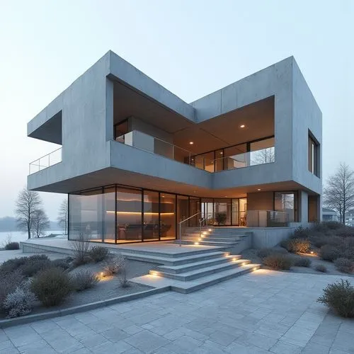 A hyper-realistic, high-resolution architectural photograph capturing a striking, multi-level contemporary home constructed primarily from smooth, exposed concrete. The design is characterized by dram