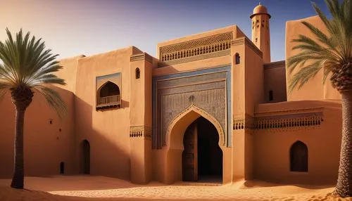 Earthy tone, mudbrick building, ancient structure, rugged texture, Middle Eastern style, Arabian Nights, intricate arches, ornate doors, colorful tiles, Islamic patterns, desert landscape, sandy dunes