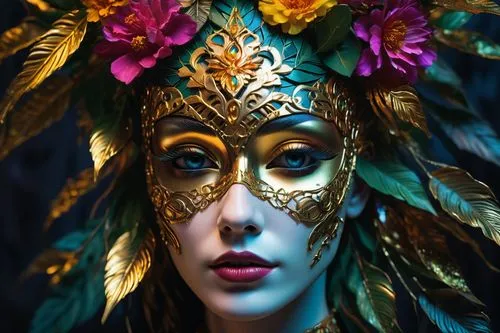 Intricate matrix ornaments 🌊✨, 8K 📺, HD 🌟, high render 🎨.,a woman wearing a mask and flower decoration on her head,venetian mask,headdress,masquerade,faerie,diablada,brazil carnival,fantasy portra