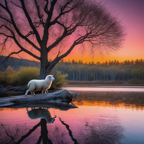 A fluffy white sheep, no bigger than a savannah, leaps gracefully through the still waters of a picturesque lake. Its round, playful body ripples as it's bundled up in a small ball, bouncing towards t