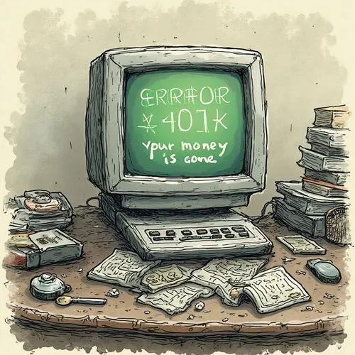 an old computer on a cluttered desk. On the screen in green computer letters written "ERROR 401k" and "Your money is gone",an old computer with some money and a cup on top,old trading stock market,boo