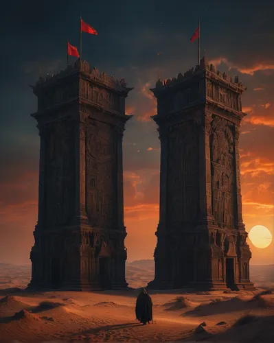 two towers with flags in the desert night surrounded by tombs Zdzisław Beksiński,ancient city,egyptian temple,three pillars,pillars,ancient buildings,the ancient world,karnak,stone towers,monuments,mo