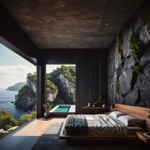 cliffs ocean,cubic house,modern room,inverted cottage,sleeping room,bedroom window,roof landscape,sky apartment,house in mountains,dunes house,interior design,great room,interior modern design,block b