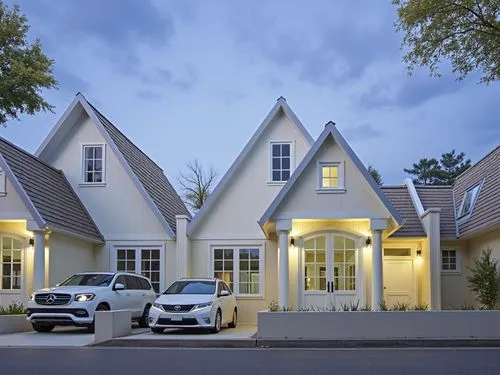 
,two cars parked in front of white houses at night,townhomes,new england style house,two story house,luxury home,beautiful home,residential house,kleinburg,townhome,dormers,residential,large home,tow