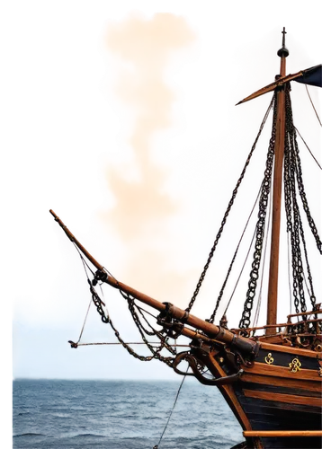 Pirate ship, sailing on sea, three mast, Jolly Roger flag, wooden hull, rope ladder, portholes, cannons on deck, treasure map on navigation table, golden anchor, rusty chain, worn sail, morning mist, 
