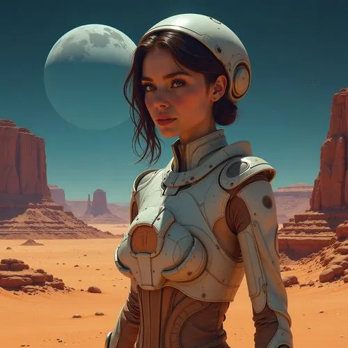 Pretty Girl, Desert Planet,a girl in a space suit standing in the desert with a full moon,barsoom,organa,rey,valerian,cortana,leia