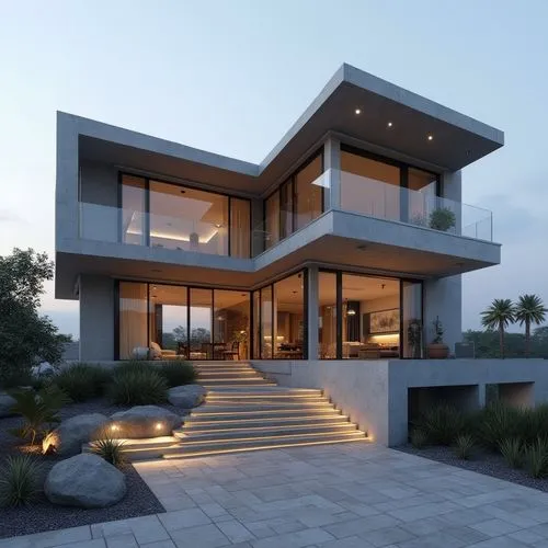 A hyper-realistic, high-resolution architectural photograph capturing a striking, multi-level contemporary home constructed primarily from smooth, exposed concrete. The design is characterized by dram