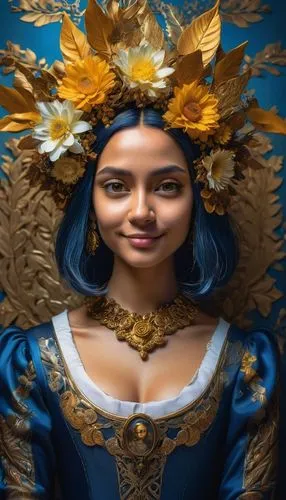 Minion, Mona Lisa, cute smile, curious eyes, yellow skin tone, iconic hairstyle, blue dress with white collar, Renaissance-inspired background, ornate gold frame, subtle facial expression, soft focus,