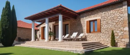leds, red roof, stone walls,a set of white chairs sitting outside of a stone building,villa,holiday villa,exterior decoration,house with caryatids,verandas,traditional house,garden elevation,restored 