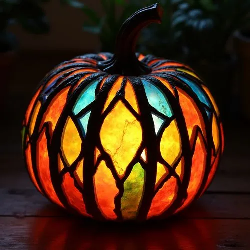 A stained-glass inspired pumpkin with vibrant colors outlined in black, mimicking the look of a church window. Placed in front of a light source to let colors shine, it adds a beautiful, illuminated e