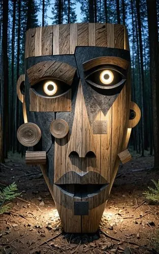 a wood sculpture with two lights on it,wooden man,wooden mask,wooden figure,made of wood,wooden mannequin,totem,woodman,wood art,forest man,scrap sculpture,wooden figures,wood background,totems,wooden