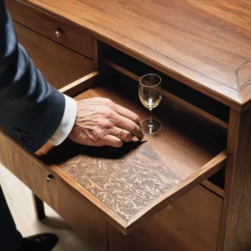 an older gentleman looking at a glass of wine on a table,a drawer,drawer,wooden desk,writing desk,credenza,sideboard,card table,desk,cabinet,computable,office desk,humidor,school desk,secretary,drawer