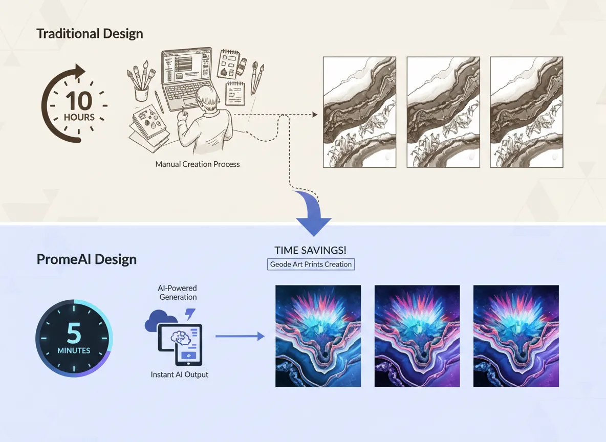 Un'immagine in stile infografica che mostra un confronto temporale: 'Design Tradizionale: 10 ore' contro 'Design con PromeAI: 5 minuti' per creare una serie di stampe artistiche di geodi.
