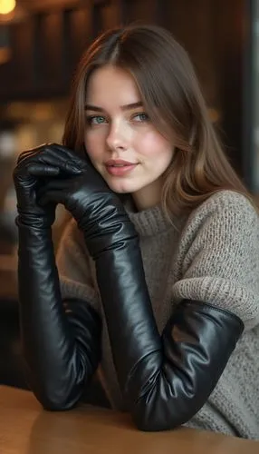 The image should feel like a candid moment from your perspective, as if you’re sitting directly in front of the young woman at the counter in a modern European café. She’s talking to you, but as the c