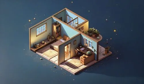 a tiny home is floating on the water,small house,inverted cottage,miniature house,cubic house,sky apartment,an apartment,cube house,floating huts,little house,houseboat,floating island,apartment house