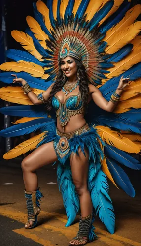 A woman dressed as India with a feather costume and a feather on her heel at the Rio de Janeiro carnival,brazil carnival,maracatu,samba deluxe,sinulog dancer,nicaraguan cordoba,neon carnival brasil,ch
