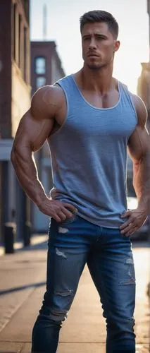 Muscular man, Chad, athletic build, strong facial features, short brown hair, blue eyes, no glasses, light stubble, sleeveless shirt, ripped jeans, sneakers, standing, confident pose, city street, aft