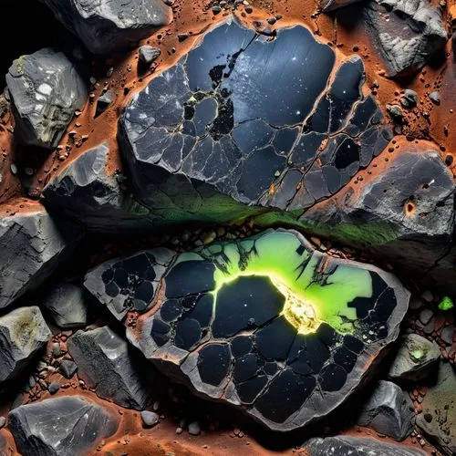 roccia spaccata , lavorata e levigata di colore nero, con all'interno minerali fluorescenti,a green leaf lays among black rocks and water droplets,lava stones,solidified lava,lava,meteorite,meteorite 