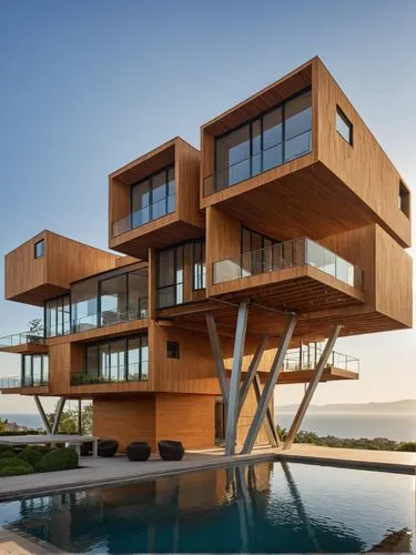 imagine an impressive visualization of an avant-garde house constructed from a series of interconnected floating wood volumes, suspended and supported by slender steel supports. Capture the sense of w