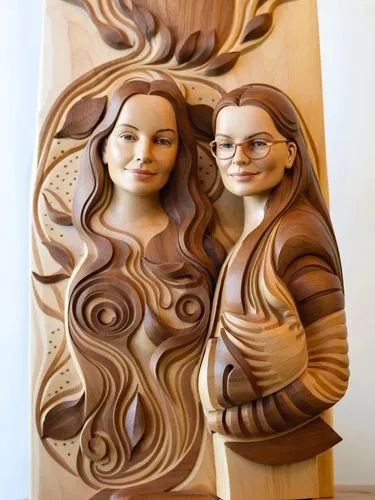 I am Marianne, a woodcarver from Oberammergau in Bavaria, this is my self-portrait in wood, I hope you like it.,two wood faces are holding hands and one has long brown hair,wood carving,wood angels,wo