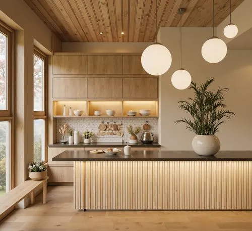 A minimalist kitchen with natural wooden finishes, hanging pendant lights, hexagonal tile backsplash, and sleek modern countertops, featuring a cozy atmosphere with natural light streaming through lar