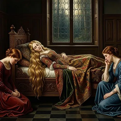 A Renaissance-style painting depicts a woman, fair-skinned and appearing to be in her late teens or early twenties, lying on an ornate wooden bed. Her long, flowing golden hair cascades down and acros