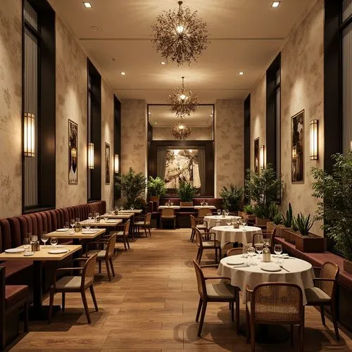 Elegant dining hall, luxurious wood flooring, refined metal accents, sophisticated stone walls, plush velvet upholstery, warm ambient lighting, soft cream-colored ceiling, ornate chandeliers, minimali