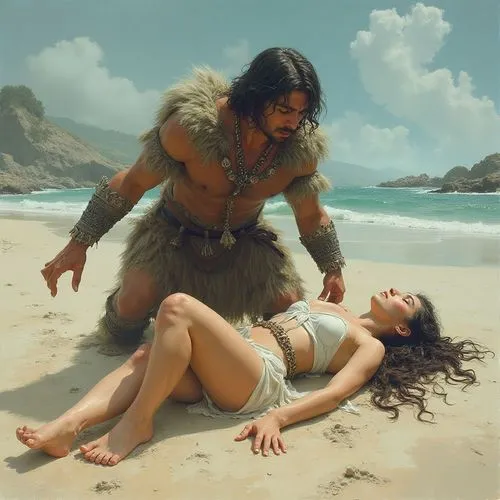 a woman is lying down with a man in costume,fantasy picture,palaeolithic,fantasy art,castaway,shipwrecked,menage,stone age,lover's beach,resuscitation,sci fiction illustration,romancing,biblical narra