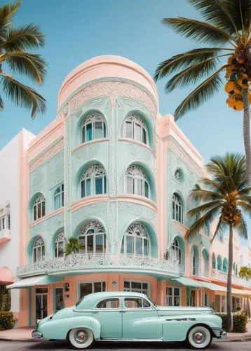 Miami beachside, Art Deco style building, pastel color palette, ornate geometric patterns, intricate metalwork, curved lines, luxurious, tropical, palm trees, bright sunny day, clear blue sky, reflect