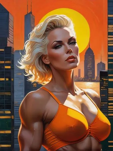 MASTERPIECE, COMUC ART|VECTOR ART|LINE ART , 
The most beautiful MUSCLEwoman in the world
BRIGITTE NIELSEN|SAMANTHA FOX 
 BREAK 
 the heart of the bustling city, the iconic The MUSCLE woman stands pro