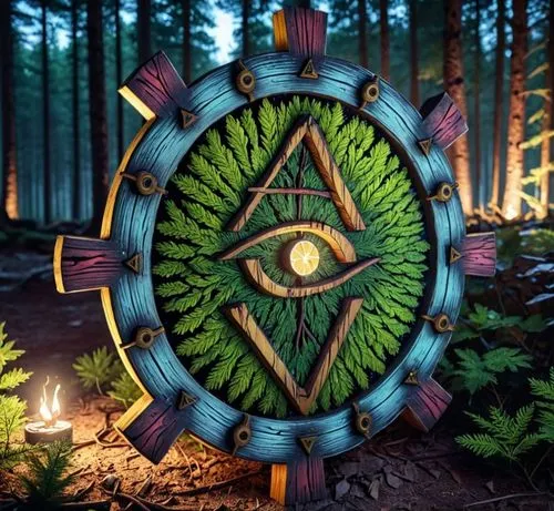 there is a decorative board game with a large eye in the center,terrarium,all seeing eye,esoteric symbol,illuminate,triangles background,ship's wheel,runes,mirror of souls,third eye,dream catcher,witc