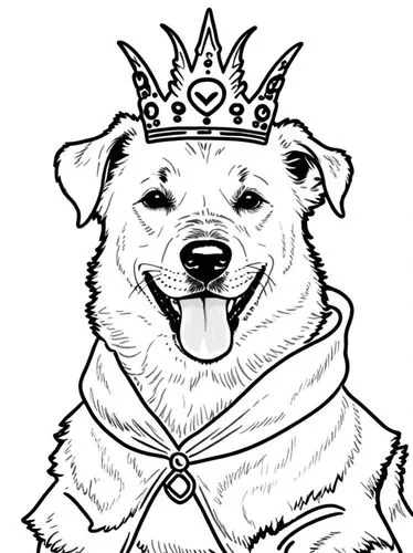 a Dog,a black and white drawing of a dog wearing a crown,dog line art,english bull doge,king crown,hrh,sheeb,samoyed