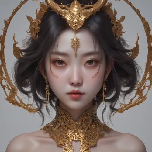 红玫瑰，短发美少女战士，机甲风格，赛博朋克,gold crown,golden crown,gold deer,gold leaf,gold mask,golden mask,fantasy portrait,gold filigree,gold foil crown,golden wreath,oriental princess,golden dragon,gold jewelry,zodiac