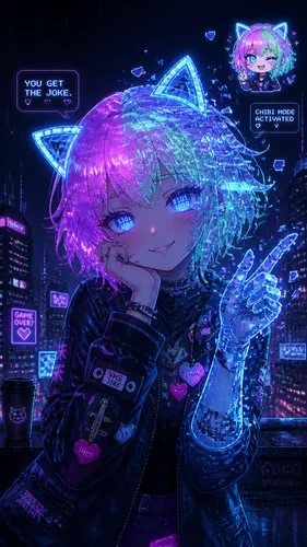 Glowing neon-blue cyberpunk girl with binary code scrolling in her eyes, half-human, half-hologram with translucent edges shimmering like broken glass. She wears a retro-futuristic jacket covered in t