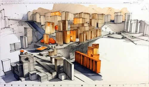 a sketches of a large structure that is in the middle of nowhere,unbuilt,gehry,cutaways,archigram,densification,construction set,constructions,formwork,redevelop,charrette,miralles,orthographic,constr