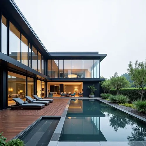 diseña el interior y el exterior de una casa tipo lof con un estilo industrial y moderno ,a pool and lounge chairs that sit on a wood deck,modern house,modern architecture,pool house,luxury property,b