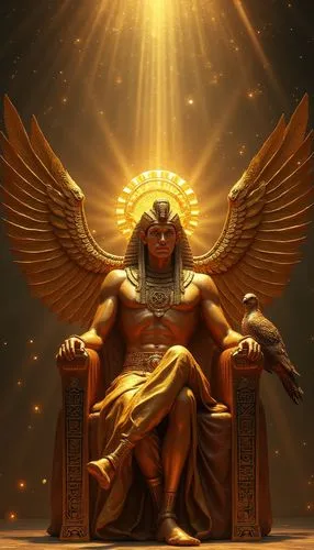 Representa al dios egipcio Ra sentado majestuosamente en un trono adornado con detalles jeroglíficos. Su piel dorada brilla intensamente bajo un halo de luz celestial. Lleva un tocado con un disco sol