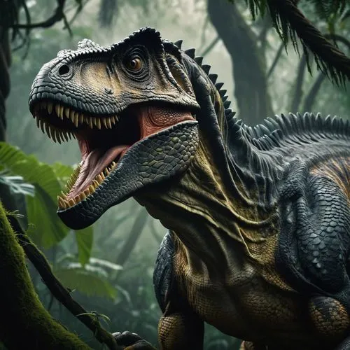 Tyrannosaurus Rex, powerful muscular body, scaly skin, sharp teeth, intense eyes, standing proudly, jungle environment, ancient trees, vines entwined, misty atmosphere, warm lighting, dramatic composi