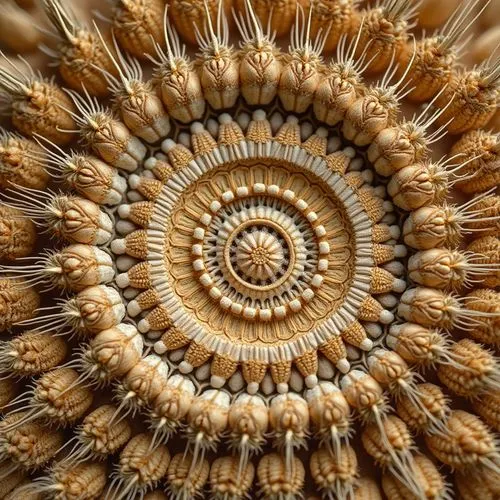 A close up overhead view of a small circular piece of wheat stalks in the same condition as the wheat's wasteland. The whole image is very detailed with shades of light and dark brown, causing all are