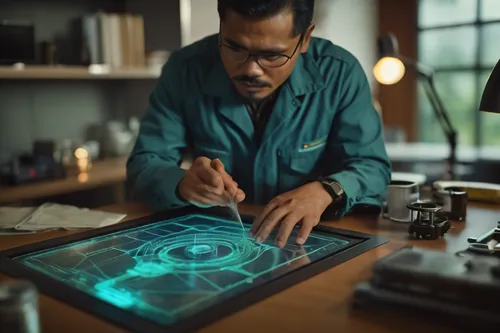 Malay man wearing coverall oil and gas, working on display drawing hologram on desk,drawing with light,graphics tablet,man with a computer,table artist,smart home,light drawing,technology touch screen