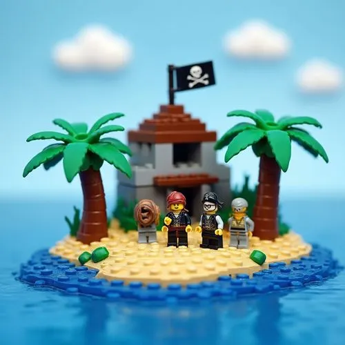 Une petite île au trésor LEGO. La base est en plaques bleues (eau) et plaques "tan" (sable). Il y a une petite cabane/fortin en briques marron et grises avec des palmiers LEGO (troncs marron, feuilles