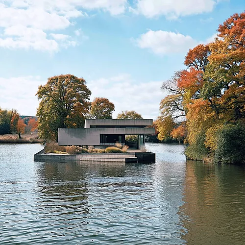 Floating Architecture, building on the river,the house sits in water and trees are around it,boathouse,boat house,peasholm park,house with lake,cookham,hameau